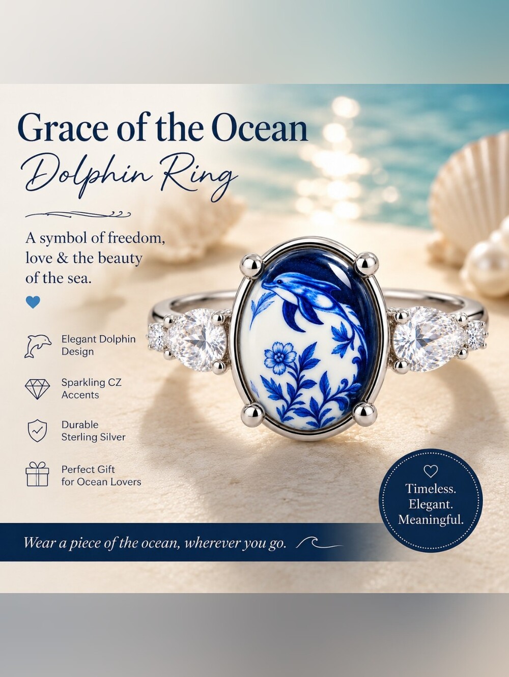 Grace of the Ocean Dolphin Ring - Blue and White Sterling Silver